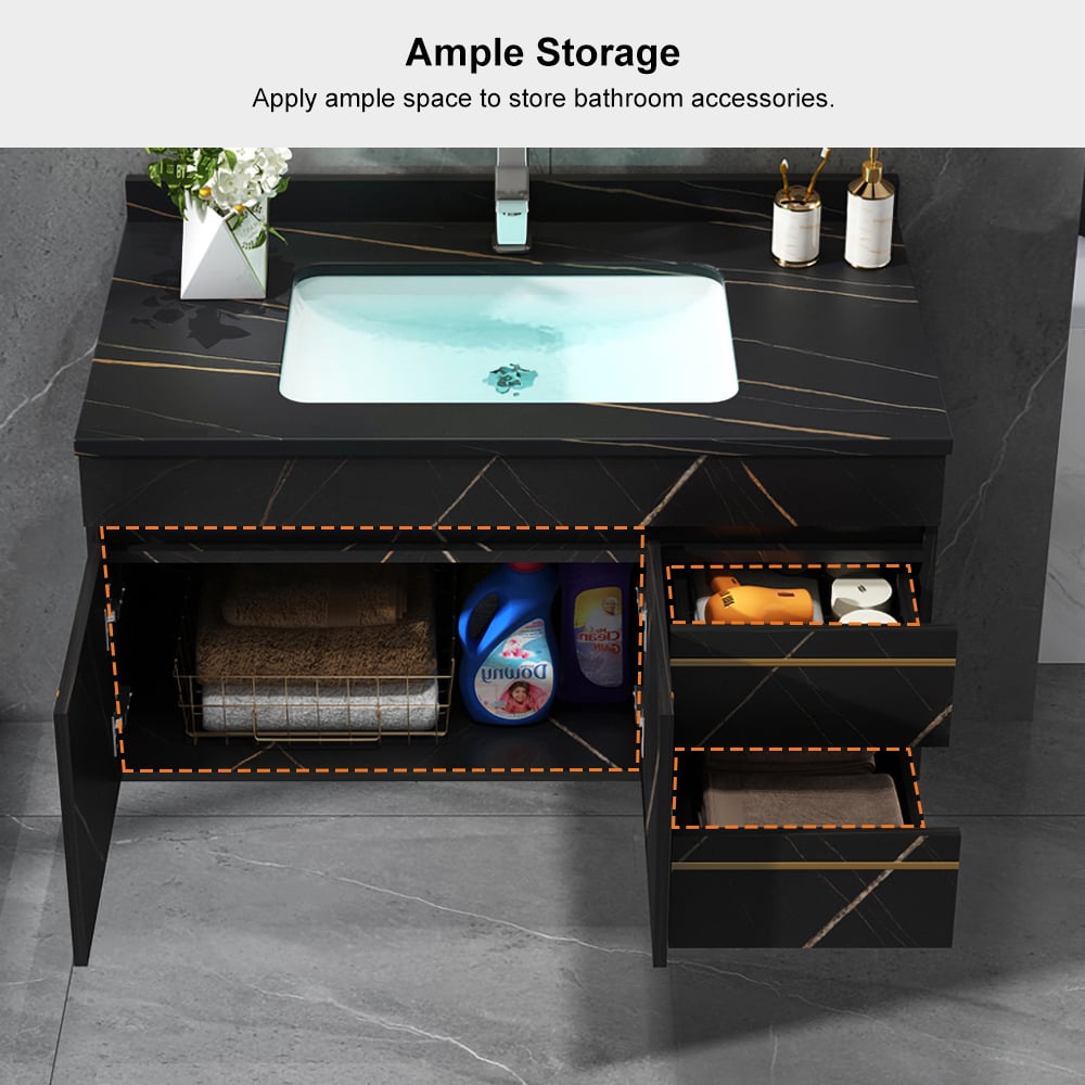 35" Floating Bathroom Vanity Faux Marble with Single Ceramic Sink Black