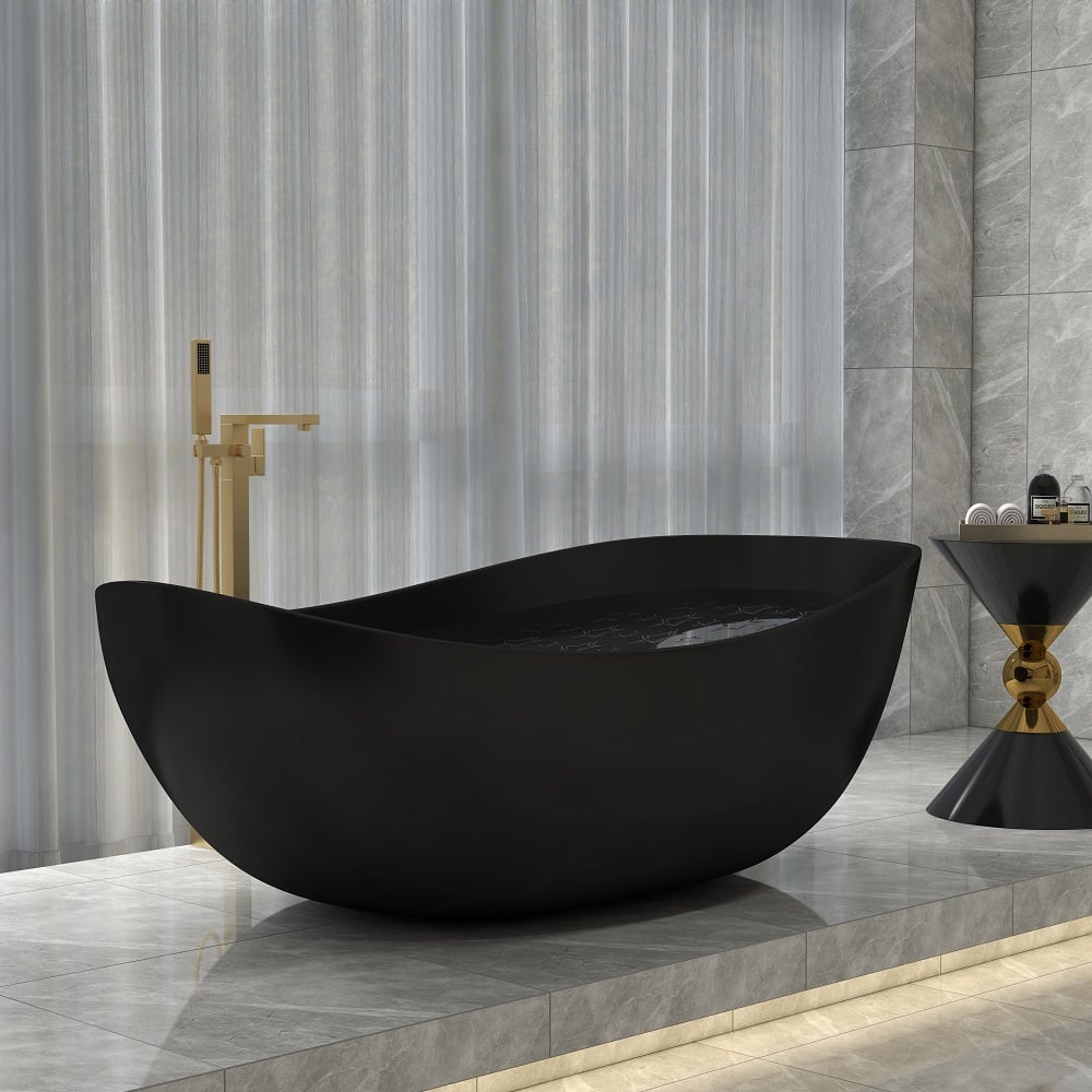 70" Modern Oval Freestanding Stone Resin Soaking Bathtub Black