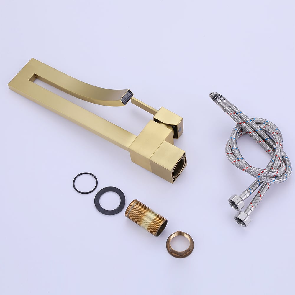 Brushed Gold Waterfall Bathroom Sink Faucet Single Hole Single Handle Brass Modern Style