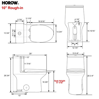HOROW HWMT-138-10 10-Inch Rough-In One-Piece Toilet – ADA Height, Powerful Dual Flush