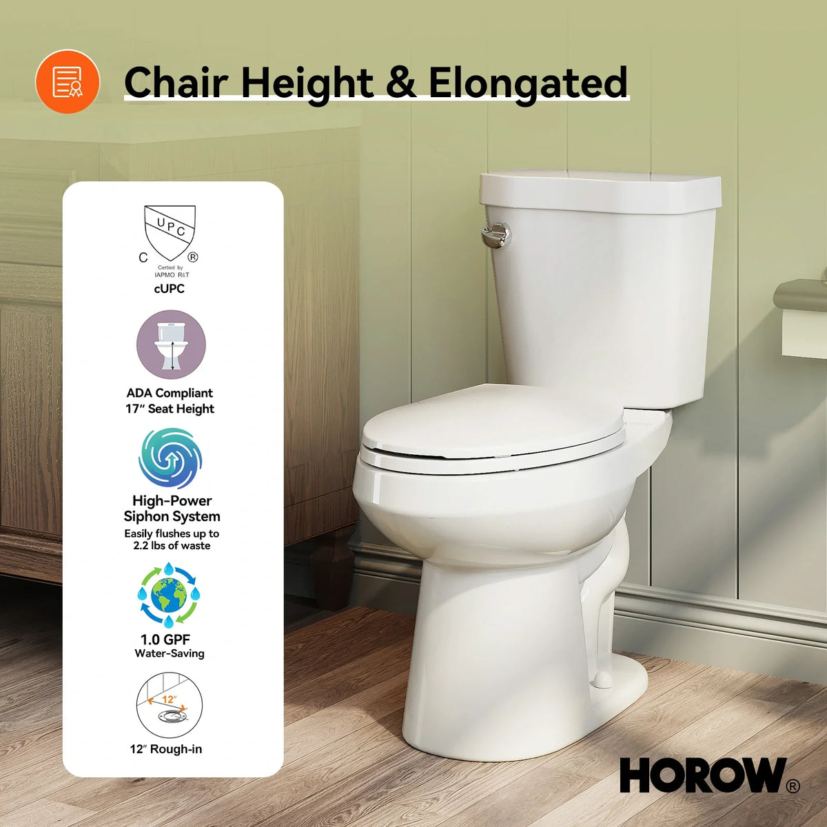 HOROW HWTT-E06S 2-Piece Toilet ADA 1.0 GPF Elongated Flush