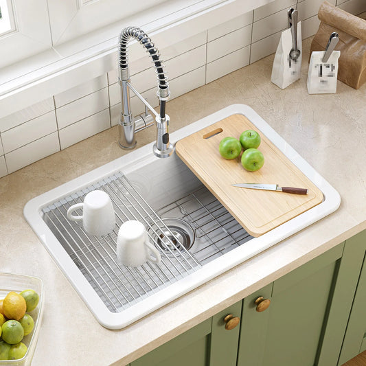 30 Inch Top Mount Kitchen Sink with Drainboard – Ceramic Single Bowl