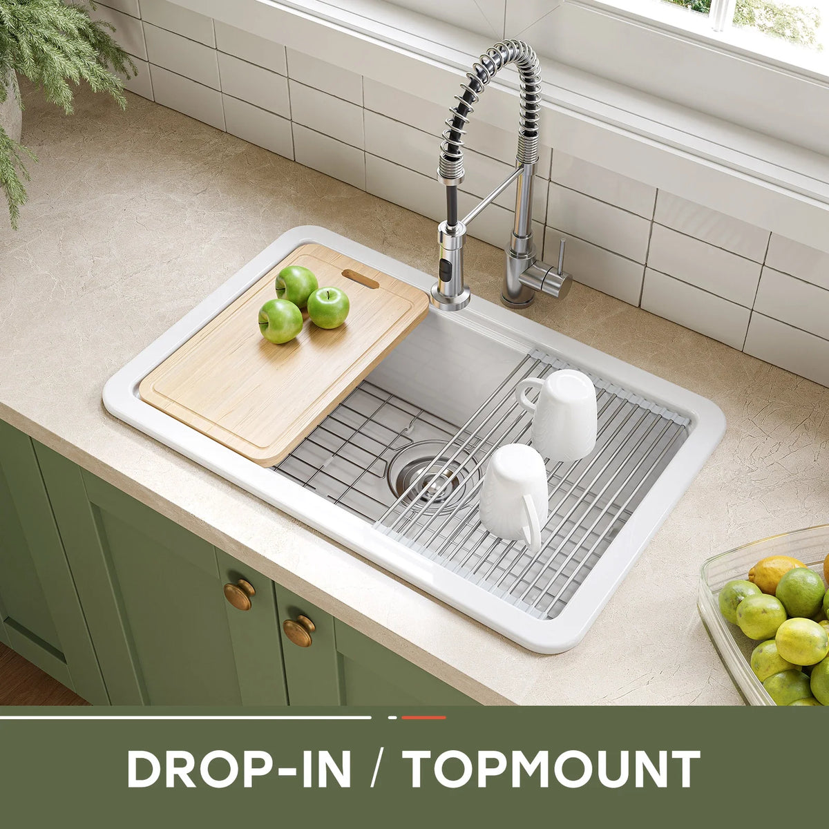 30 Inch Top Mount Kitchen Sink with Drainboard – Ceramic Single Bowl