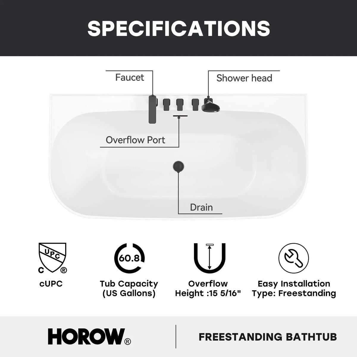 59 Inch Acrylic Back to Wall Tub with Faucet and Shower Head Model SU59-MB