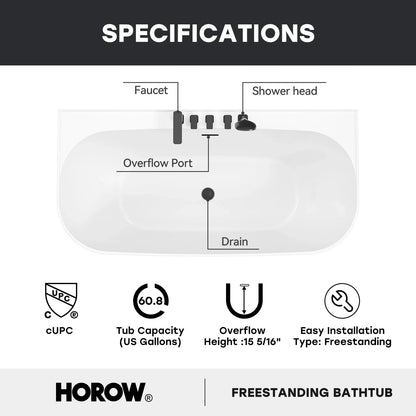 59 Inch Acrylic Back to Wall Tub with Faucet and Shower Head Model SU59-MB