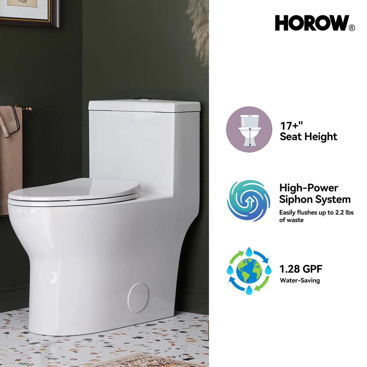 HOROW T0350W One-Piece Dual Flush Toilet, ADA-Height 17.3-Inch