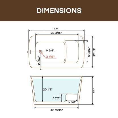 TU47-MB-A 47" Acrylic Soaking Bathtub with Seat & Pop-Up Drain