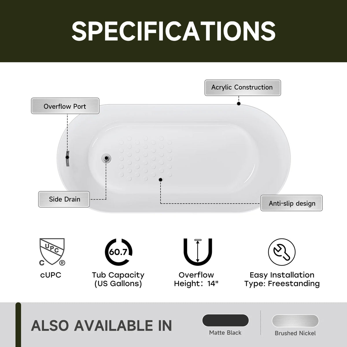 59” Brushed Nickel Freestanding Bathtub with Integrated Overflow & Drain