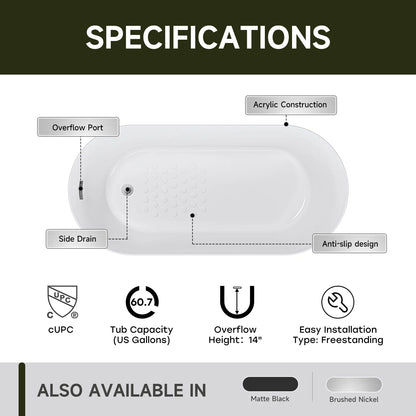 59” Brushed Nickel Freestanding Bathtub with Integrated Overflow & Drain