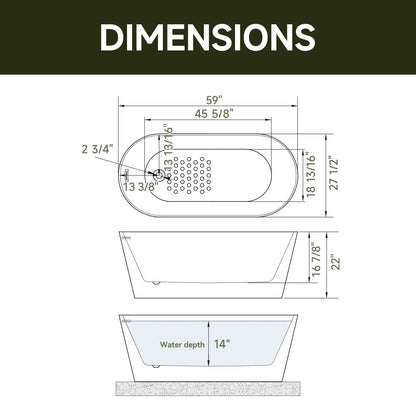 59” Brushed Nickel Freestanding Bathtub with Integrated Overflow & Drain