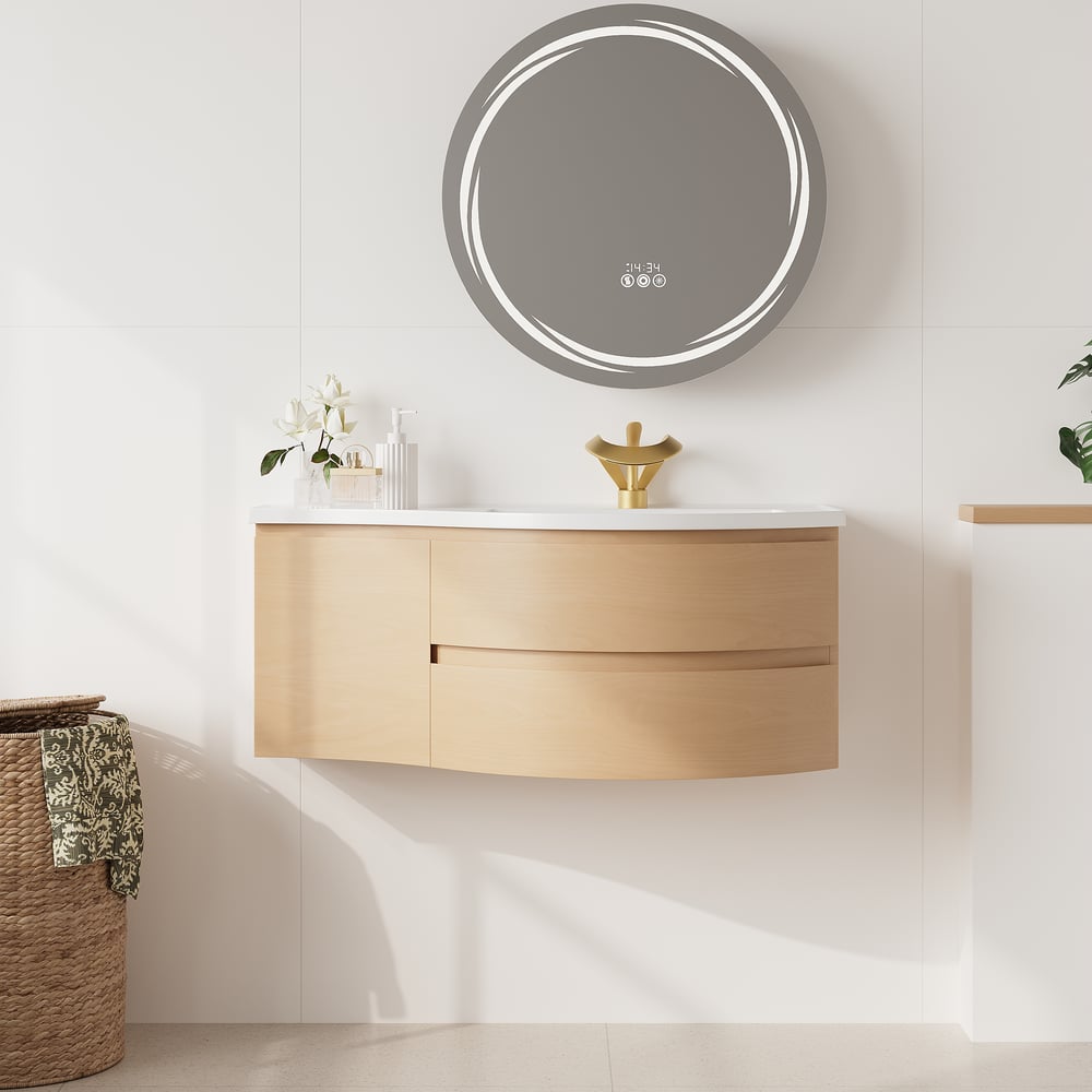 Floating Curved Bathroom Vanity & Round LED Medicine Cabinet Set Right Offset