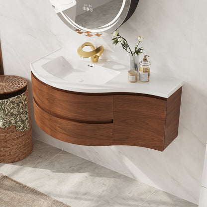 Floating Curved Bathroom Vanity in Walnut Left Offset & Round LED Medicine Cabinet Set