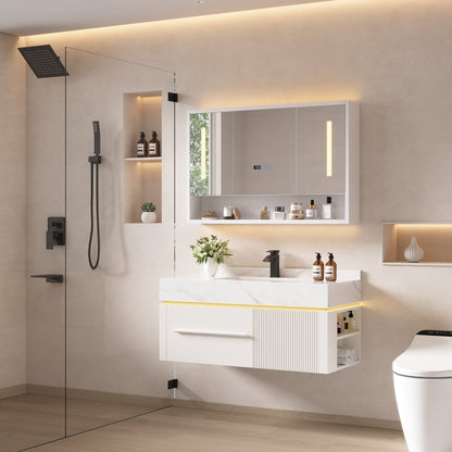 39.4" Wall-Mounted Bathroom Vanity with Sintered Stone Top, LED Sensor Light