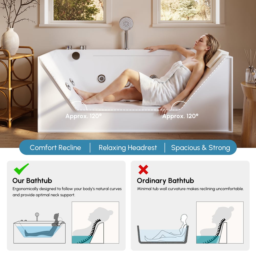 59" Whirlpool Bathtub with Thermostatic Control & Massage Jets & LED Lighting