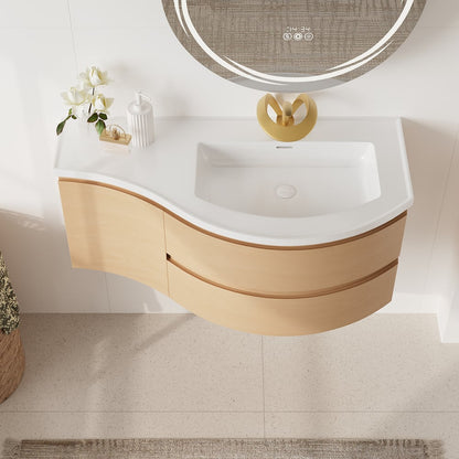 Floating Curved Bathroom Vanity & Round LED Medicine Cabinet Set Right Offset