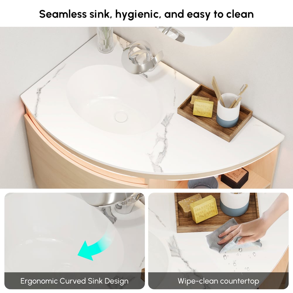 Modern 36" Corner Floating Single Bathroom Vanity with Sink, LED Light, Storage