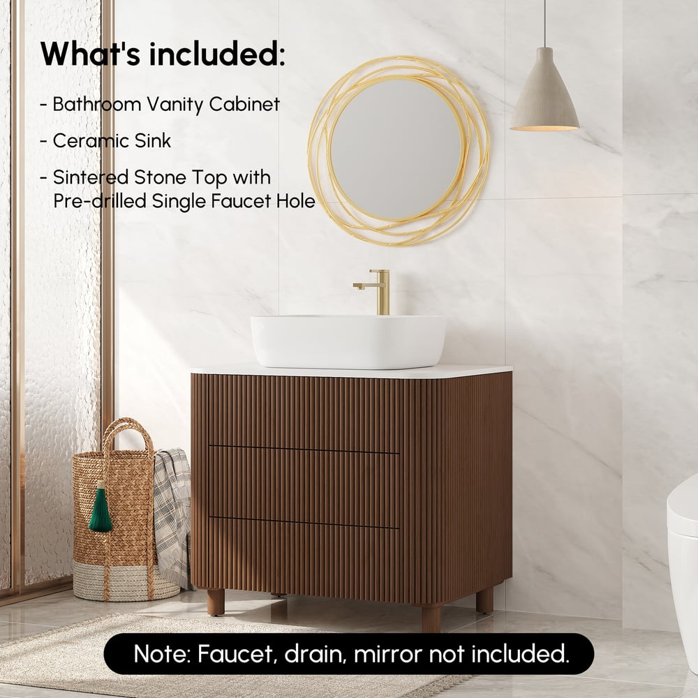 32" Fluted Freestanding Bathroom Vanity with Vessel Sink, 3-Drawers, Sintered Stone top