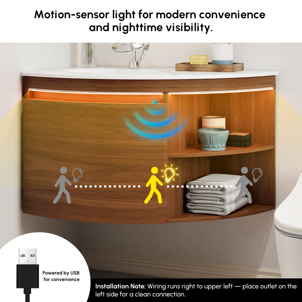 Modern 36" Corner Floating Single Bathroom Vanity with Sink, LED Light, Storage