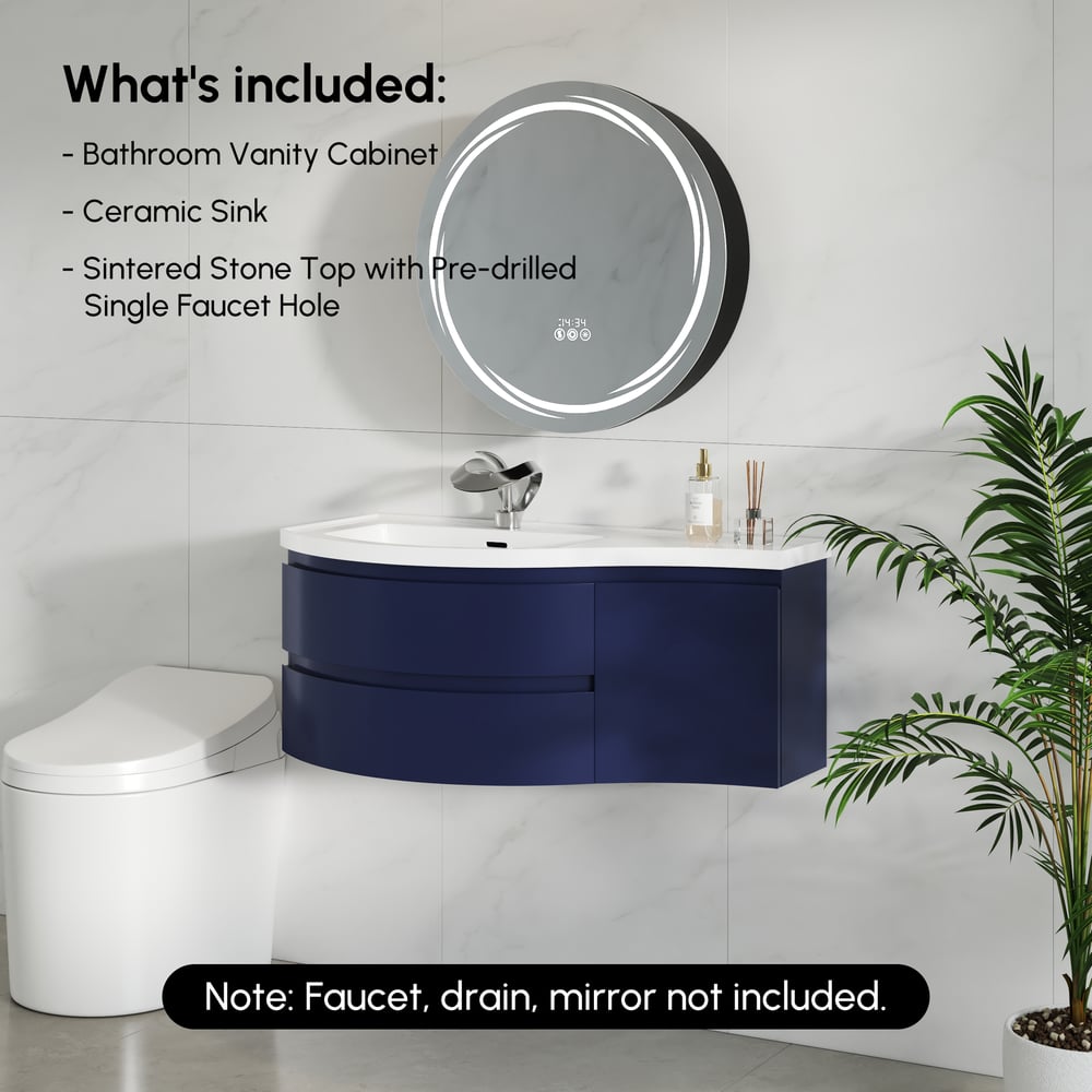 35" Navy  Floating Single Curved Bathroom Vanity with Sink & Storage