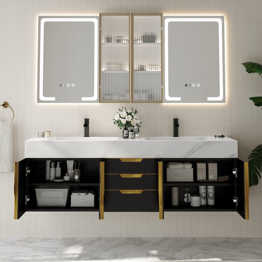 59" Double Sink Floating Vanity Set with LED Medicine Cabinet with Storage