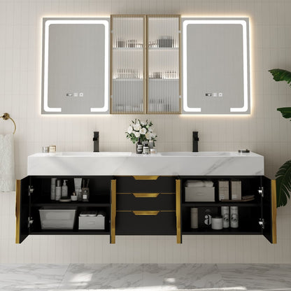 59" Double Sink Floating Vanity Set with LED Medicine Cabinet with Storage