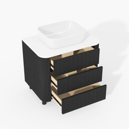 32" Fluted Freestanding Bathroom Vanity with Vessel Sink, 3-Drawers, Sintered Stone top
