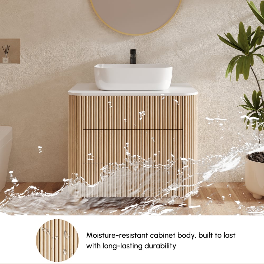 32" Fluted Freestanding Bathroom Vanity with Vessel Sink, 3-Drawers, Sintered Stone top