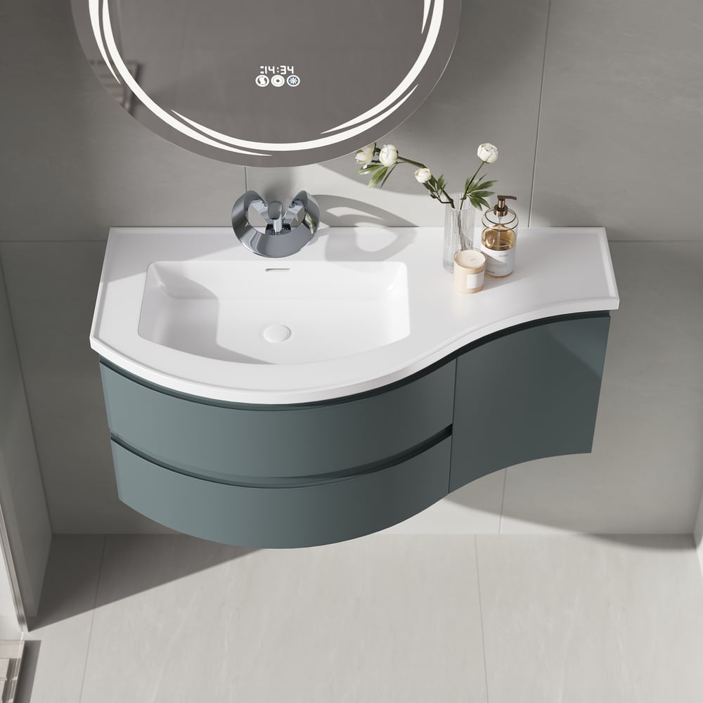 Floating Curved Bathroom Vanity & Round LED Medicine Cabinet Set Left Offset