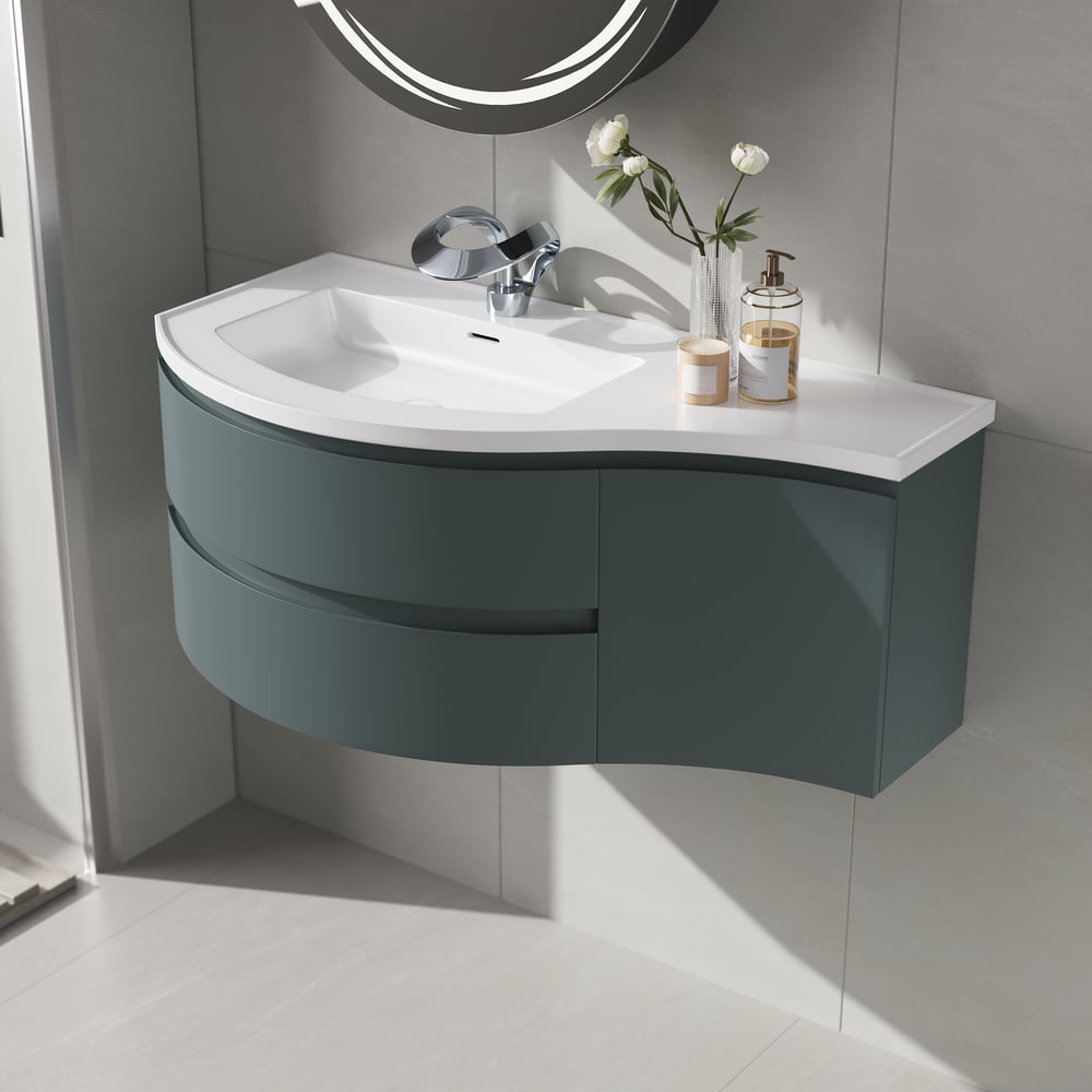 Floating Curved Bathroom Vanity & Round LED Medicine Cabinet Set Left Offset