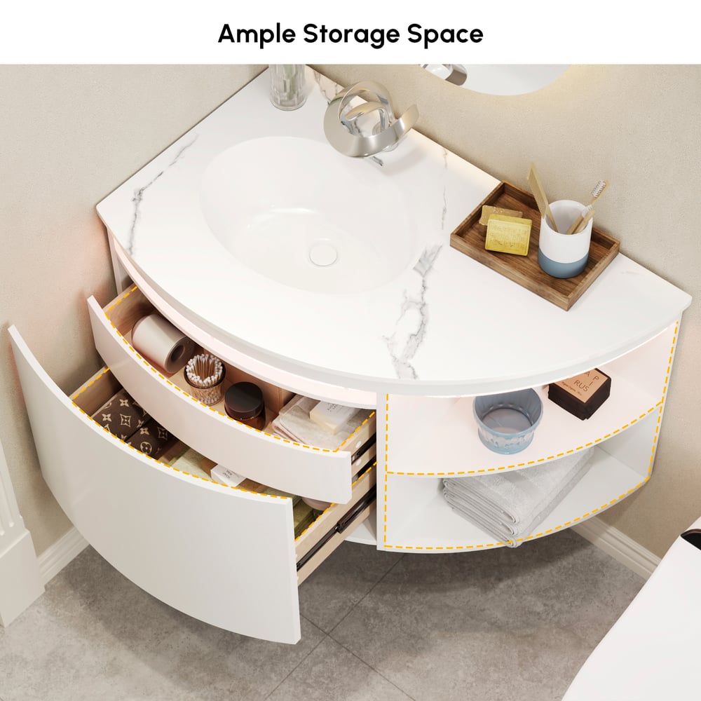 Modern 36" Corner Floating Single Bathroom Vanity with Sink, LED Light, Storage