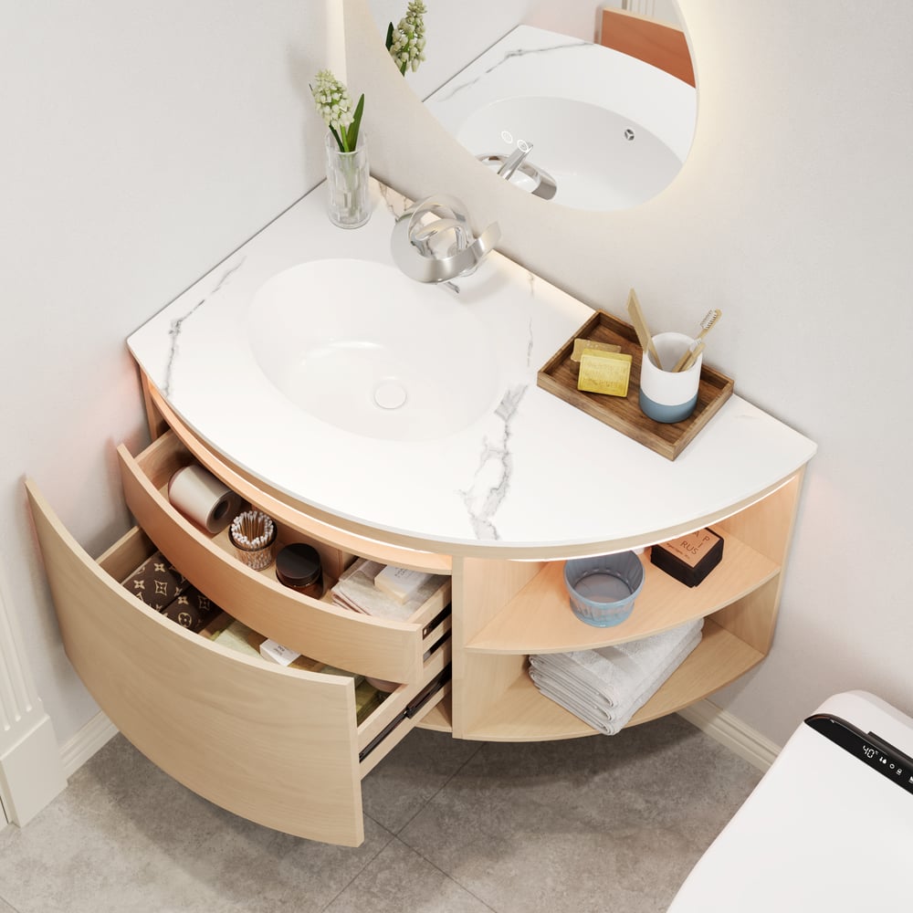 Modern 36" Corner Floating Single Bathroom Vanity with Sink, LED Light, Storage