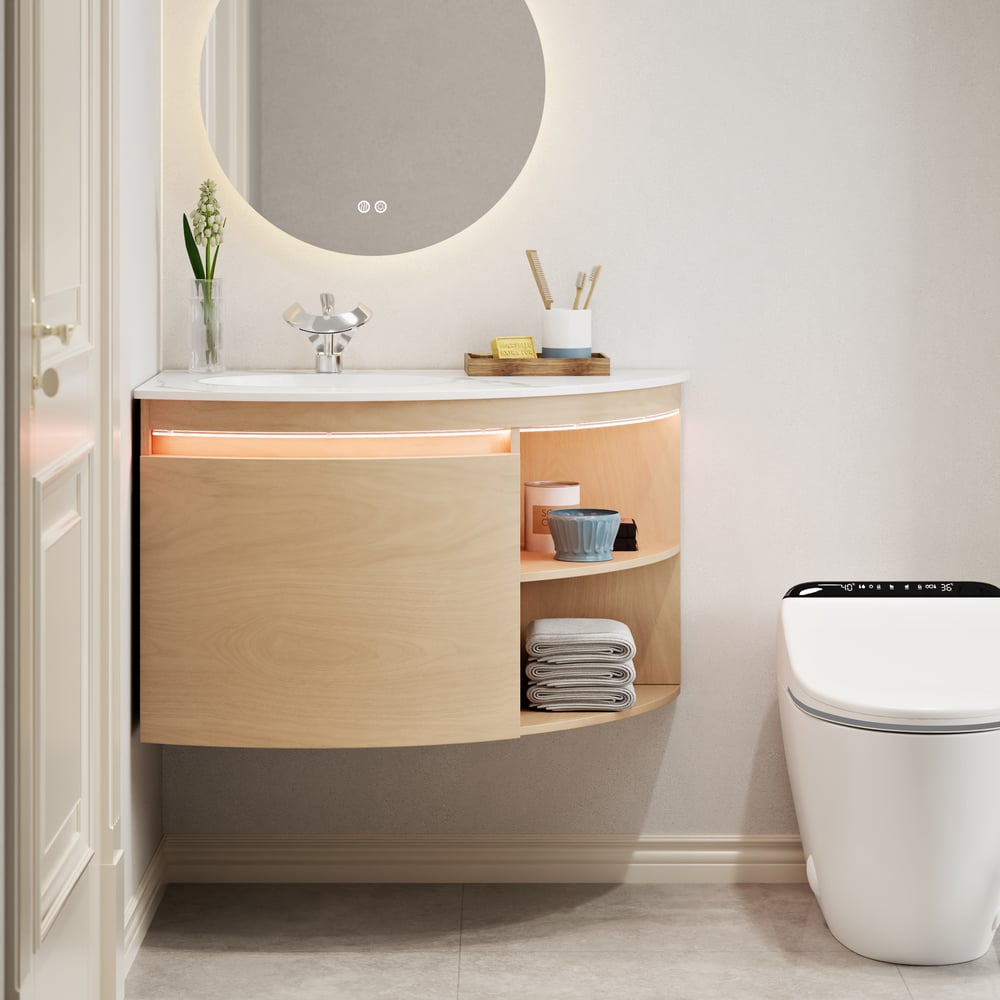 Modern 36" Corner Floating Single Bathroom Vanity with Sink, LED Light, Storage
