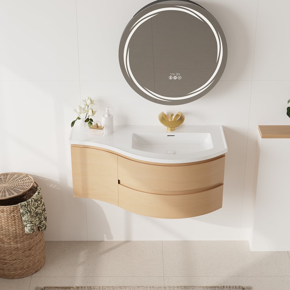 Floating Curved Bathroom Vanity & Round LED Medicine Cabinet Set Right Offset