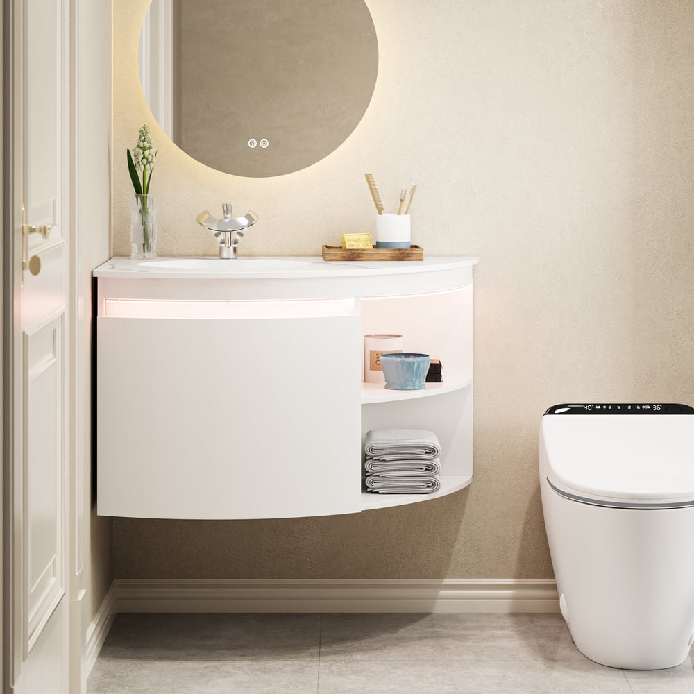 Modern 36" Corner Floating Single Bathroom Vanity with Sink, LED Light, Storage