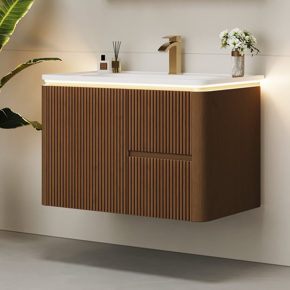 Modern  32" Floating Fluted Bathroom Vanity with Sink, Soft LED, Ample Storage