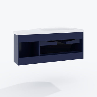 Floating Curved Bathroom Vanity & Round LED Medicine Cabinet Set Left Offset