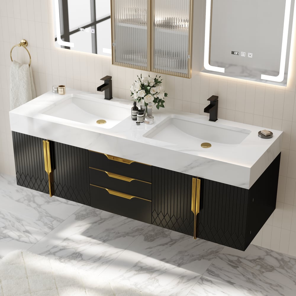 59" Double Sink Floating Vanity Set with LED Medicine Cabinet with Storage