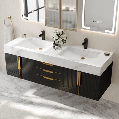 59" Double Sink Floating Vanity Set with LED Medicine Cabinet with Storage