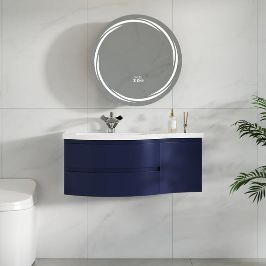 Floating Curved Bathroom Vanity & Round LED Medicine Cabinet Set Left Offset