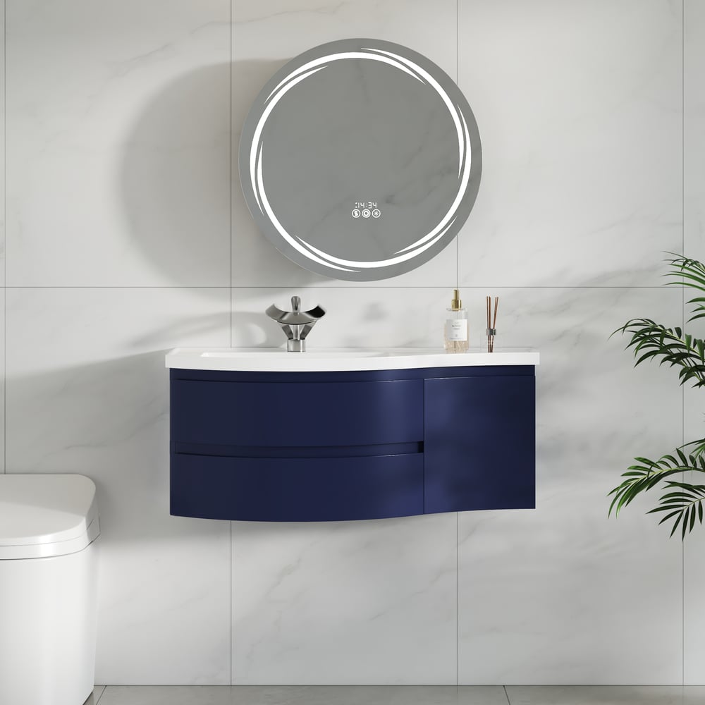 35" Navy  Floating Single Curved Bathroom Vanity with Sink & Storage