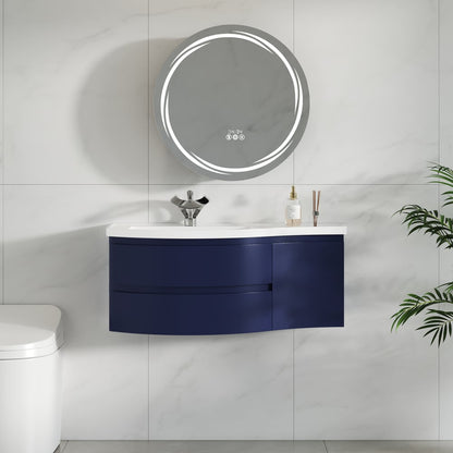 35" Navy  Floating Single Curved Bathroom Vanity with Sink & Storage