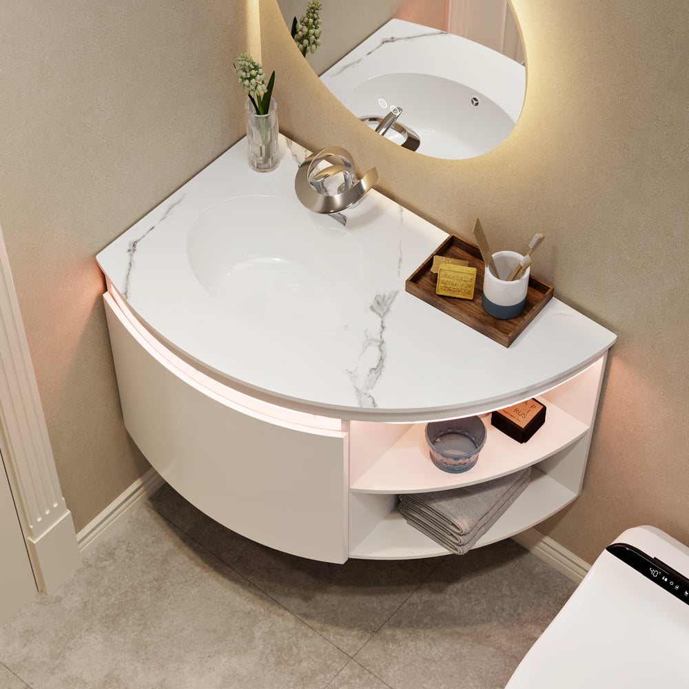 Modern 36" Corner Floating Single Bathroom Vanity with Sink, LED Light, Storage