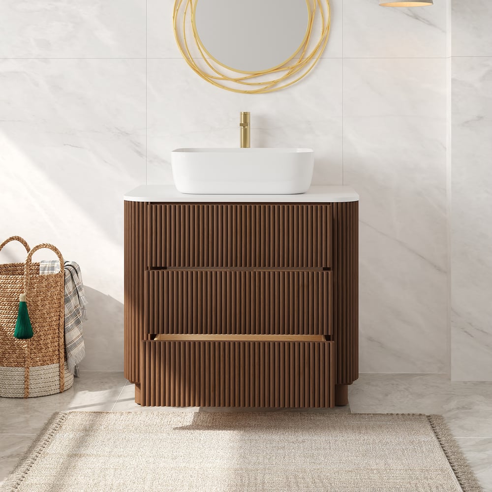 32" Fluted Freestanding Bathroom Vanity with Vessel Sink, 3-Drawers, Sintered Stone top