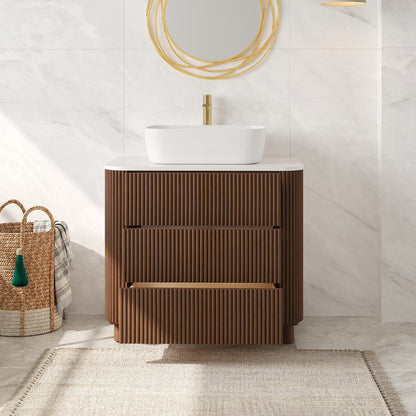 32" Fluted Freestanding Bathroom Vanity with Vessel Sink, 3-Drawers, Sintered Stone top