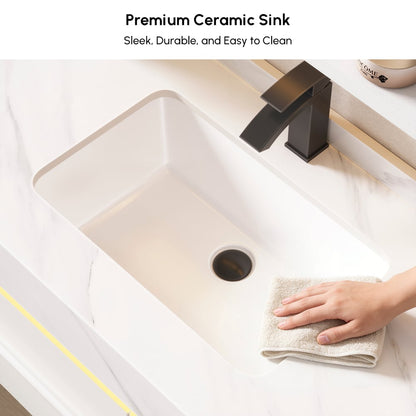 39.4" Wall-Mounted Bathroom Vanity with Sintered Stone Top, LED Sensor Light