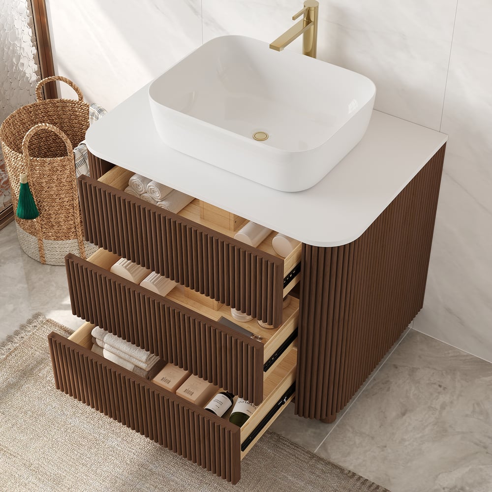 32" Fluted Freestanding Bathroom Vanity with Vessel Sink, 3-Drawers, Sintered Stone top