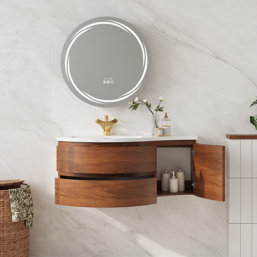 Floating Curved Bathroom Vanity in Walnut Left Offset & Round LED Medicine Cabinet Set