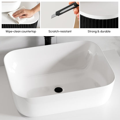 32" Fluted Freestanding Bathroom Vanity with Vessel Sink, 3-Drawers, Sintered Stone top