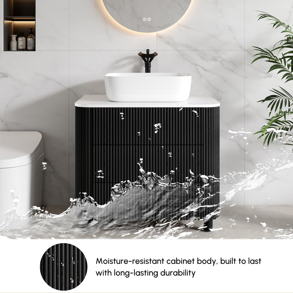 32" Fluted Freestanding Bathroom Vanity with Vessel Sink, 3-Drawers, Sintered Stone top