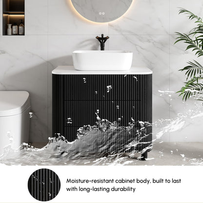 32" Fluted Freestanding Bathroom Vanity with Vessel Sink, 3-Drawers, Sintered Stone top